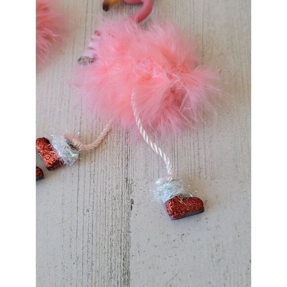Feet dangling Flamingo set Santa had glitter puffy ornament Xmas - Picture 5 of 7